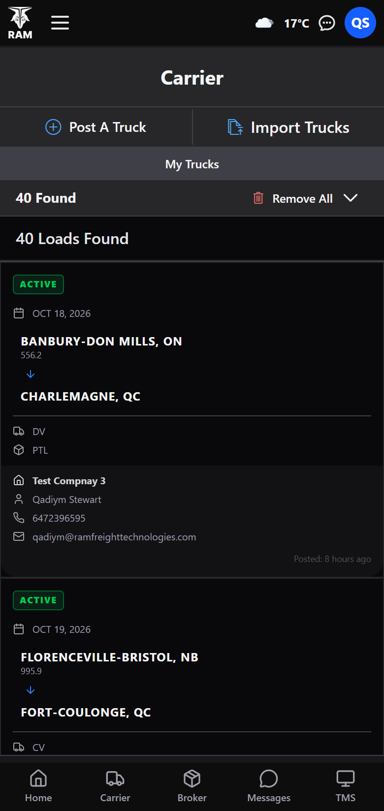 RAM Loadboard mobile app carrier board listing matched loads with distances
